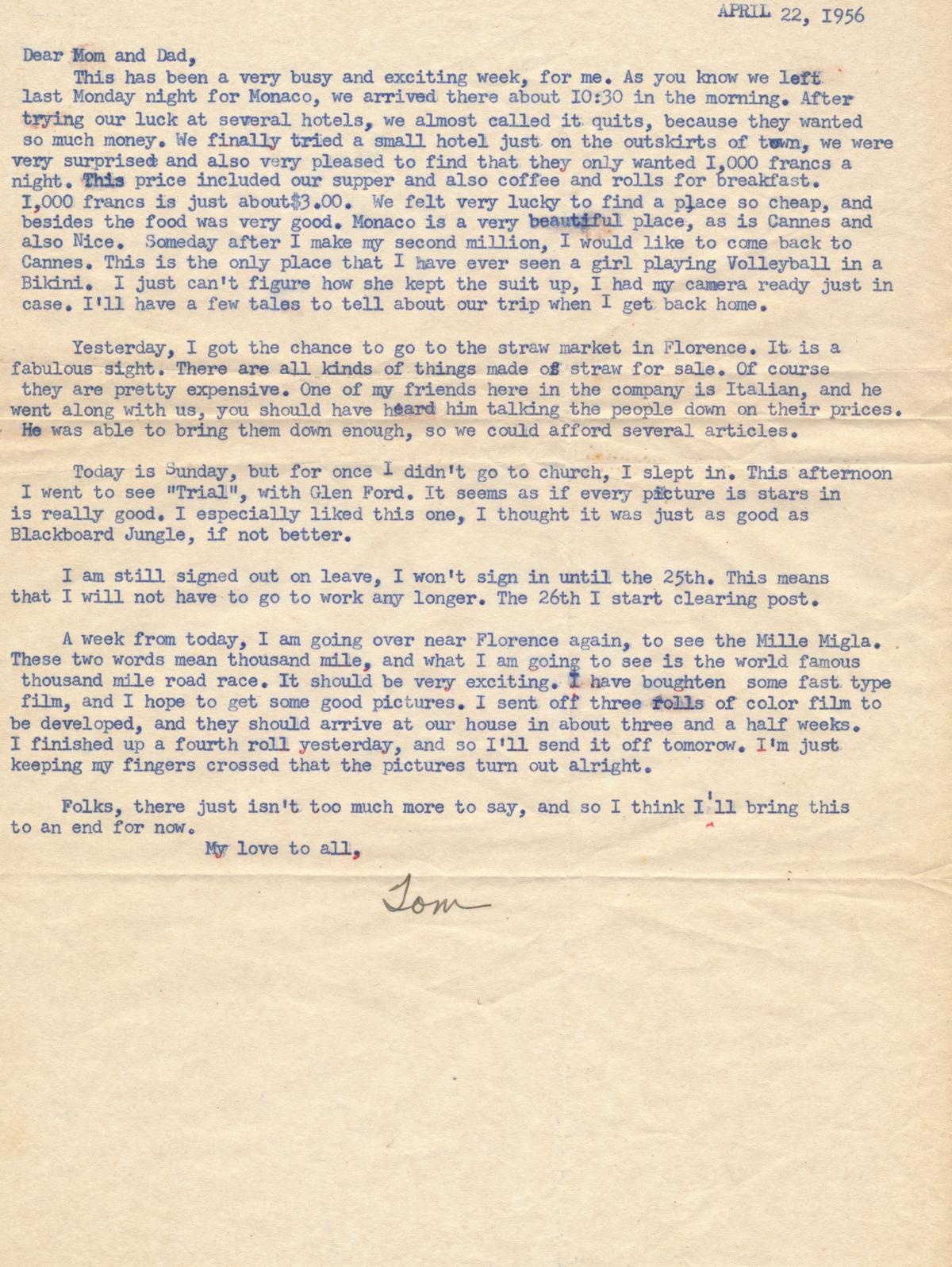 Mille Miglia letter 1956